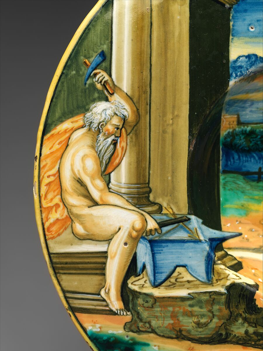 Wide-rimmed bowl with Vulcan Forging Arms with Venus and Cupid, Fra Xanto Avelli da Rovigo (ca. 1486–1582), Maiolica (tin-glazed earthenware), Italian, probably Urbino