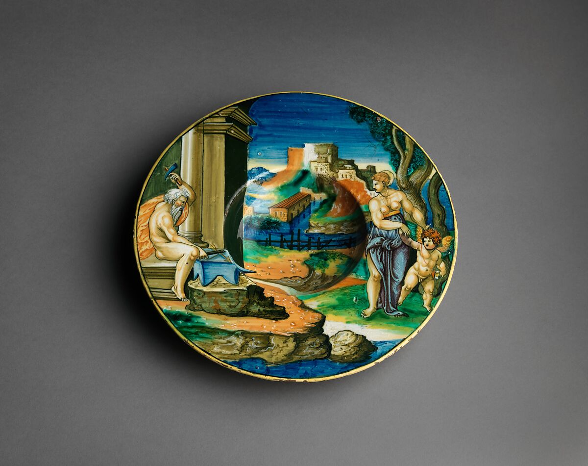 Wide-rimmed bowl with Vulcan Forging Arms with Venus and Cupid, Fra Xanto Avelli da Rovigo (ca. 1486–1582), Maiolica (tin-glazed earthenware), Italian, probably Urbino