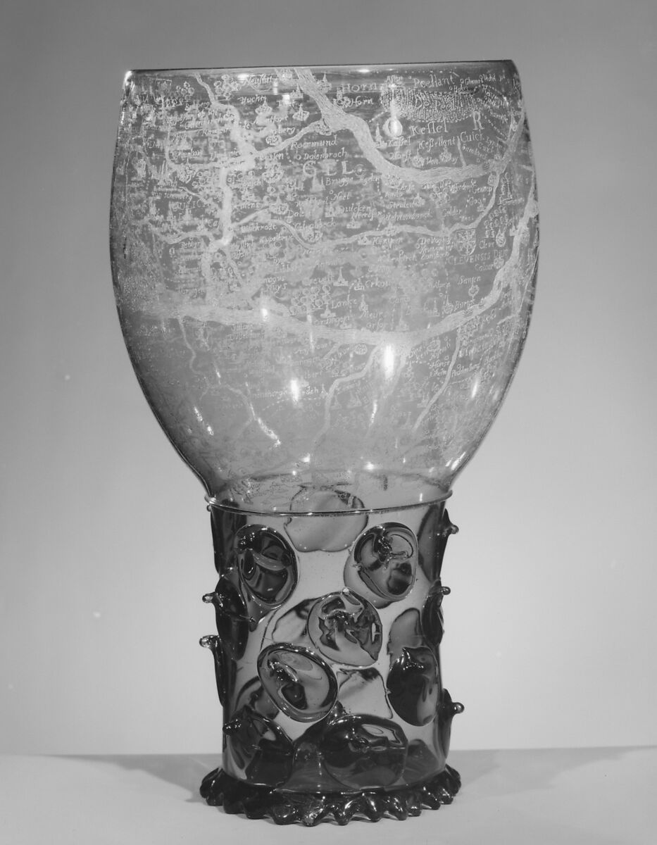 Goblet (Roemer) with map of the Rhine River, Glass, engraved with a diamond point, Dutch, probably Amsterdam