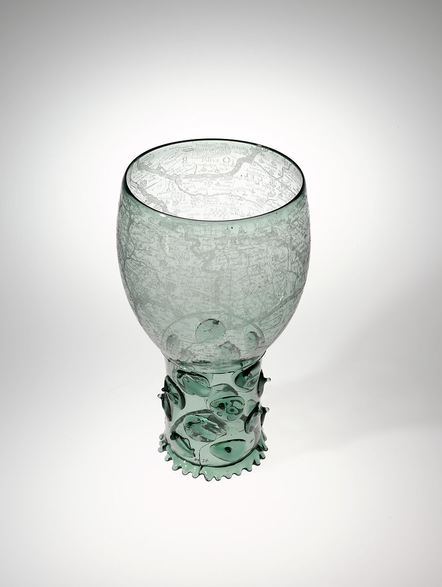 Goblet (Roemer) with map of the Rhine River, Glass, engraved with a diamond point, Dutch, probably Amsterdam