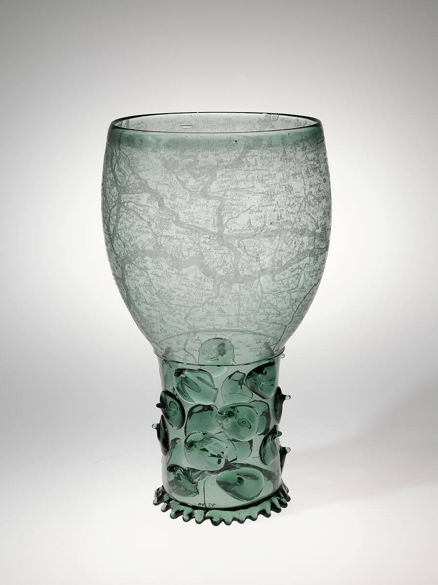 Goblet (Roemer) with map of the Rhine River, Glass, engraved with a diamond point, Dutch, probably Amsterdam 