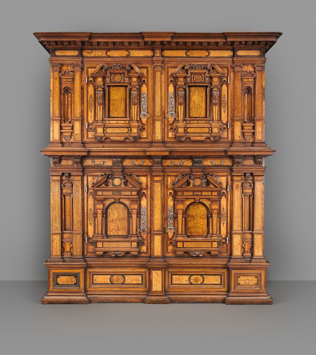 Cabinet (Fassadenschrank), Pine, oak, walnut; Hungarian ash, birch, various fruitwoods, walnut, palisander, other woods, partly stained (marquetry veneer); wrought iron,, German, Nuremberg 