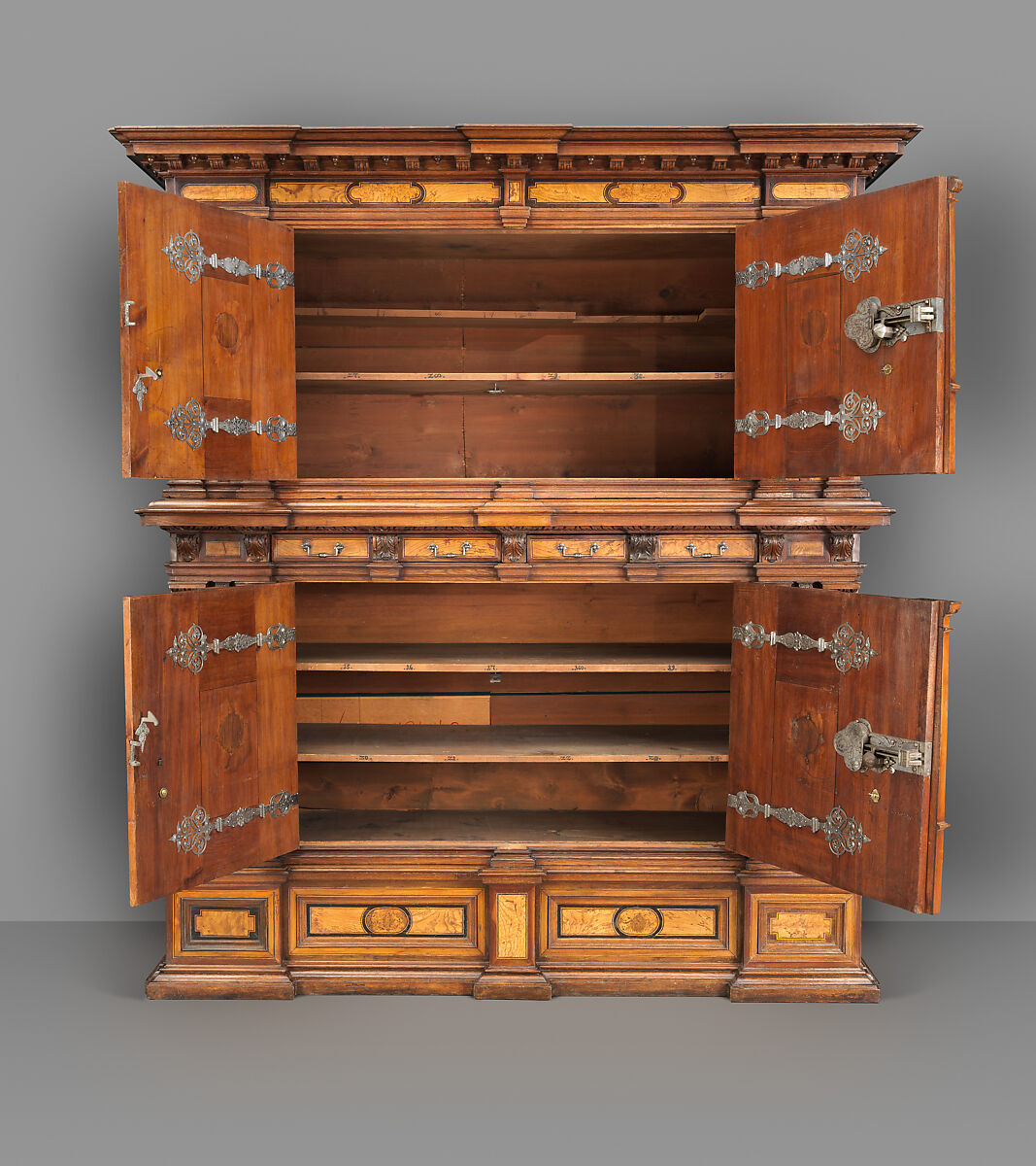 Cabinet (Fassadenschrank), Pine, oak, walnut; Hungarian ash, birch, various fruitwoods, walnut, palisander, other woods, partly stained (marquetry veneer); wrought iron,, German, Nuremberg