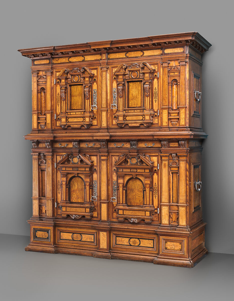 Cabinet (Fassadenschrank), Pine, oak, walnut; Hungarian ash, birch, various fruitwoods, walnut, palisander, other woods, partly stained (marquetry veneer); wrought iron,, German, Nuremberg