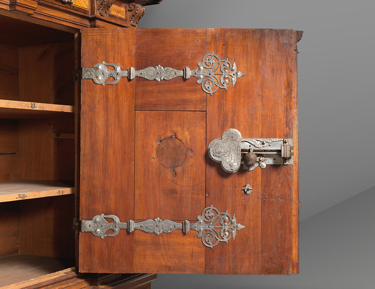 Cabinet (Fassadenschrank), Pine, oak, walnut; Hungarian ash, birch, various fruitwoods, walnut, palisander, other woods, partly stained (marquetry veneer); wrought iron,, German, Nuremberg