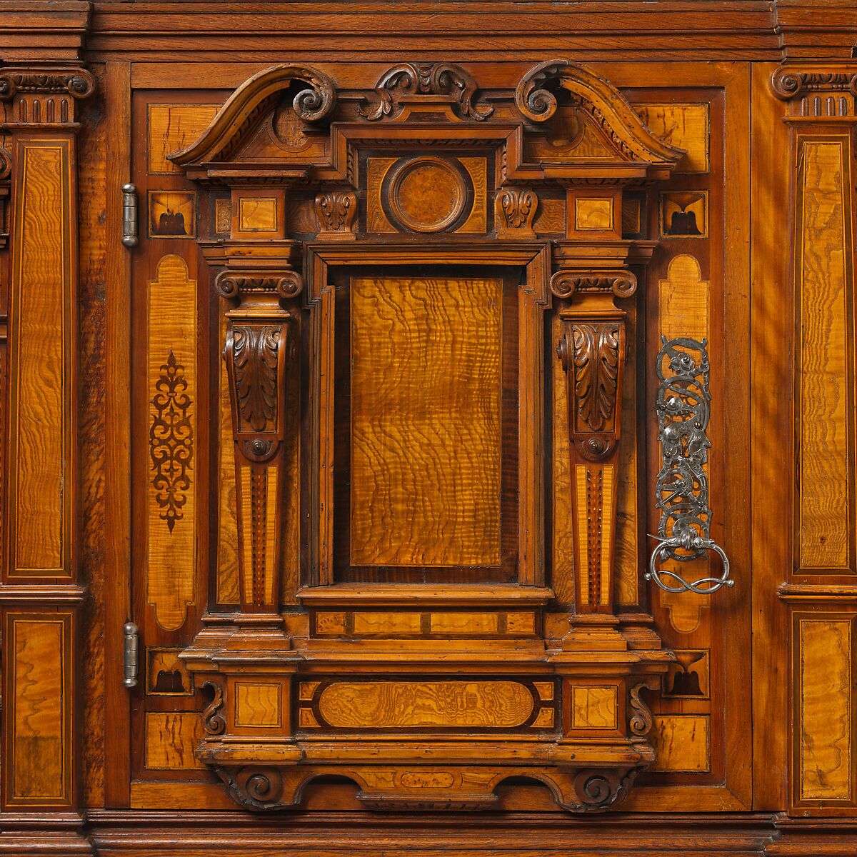 Cabinet (Fassadenschrank), Pine, oak, walnut; Hungarian ash, birch, various fruitwoods, walnut, palisander, other woods, partly stained (marquetry veneer); wrought iron,, German, Nuremberg