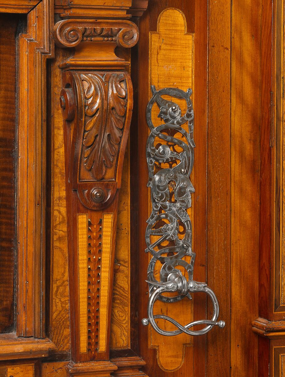 Cabinet (Fassadenschrank), Pine, oak, walnut; Hungarian ash, birch, various fruitwoods, walnut, palisander, other woods, partly stained (marquetry veneer); wrought iron,, German, Nuremberg