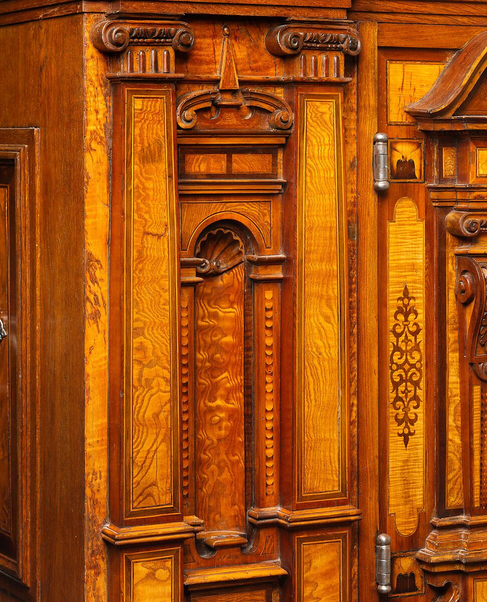 Cabinet (Fassadenschrank), Pine, oak, walnut; Hungarian ash, birch, various fruitwoods, walnut, palisander, other woods, partly stained (marquetry veneer); wrought iron,, German, Nuremberg