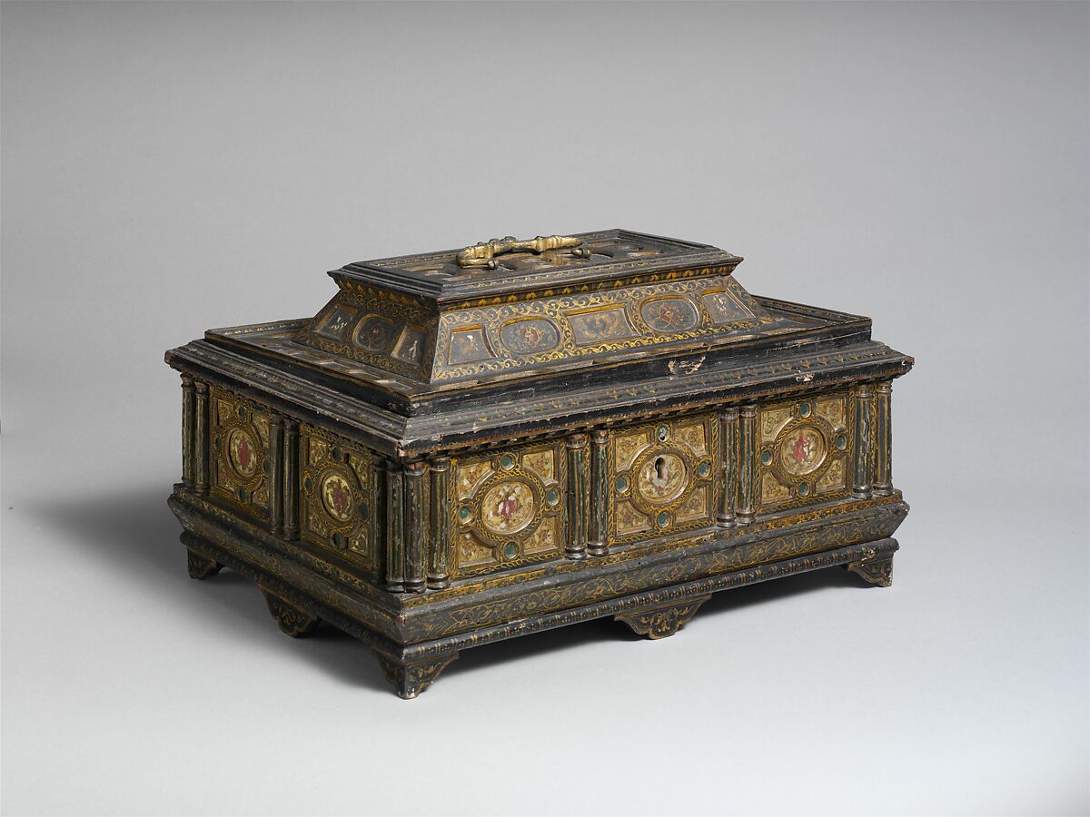 Casket (cassetta), Carved wood, painted and gilded, inlaid with mother-of-pearl, Italian, Venice 