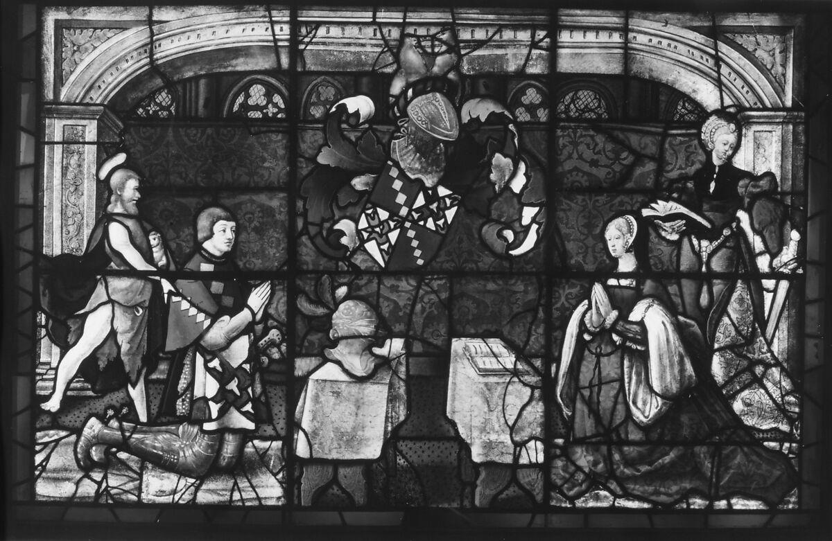 Saint Catherine and Saint John with a donor and his wife, Stained glass, French, Normandy or Bourges