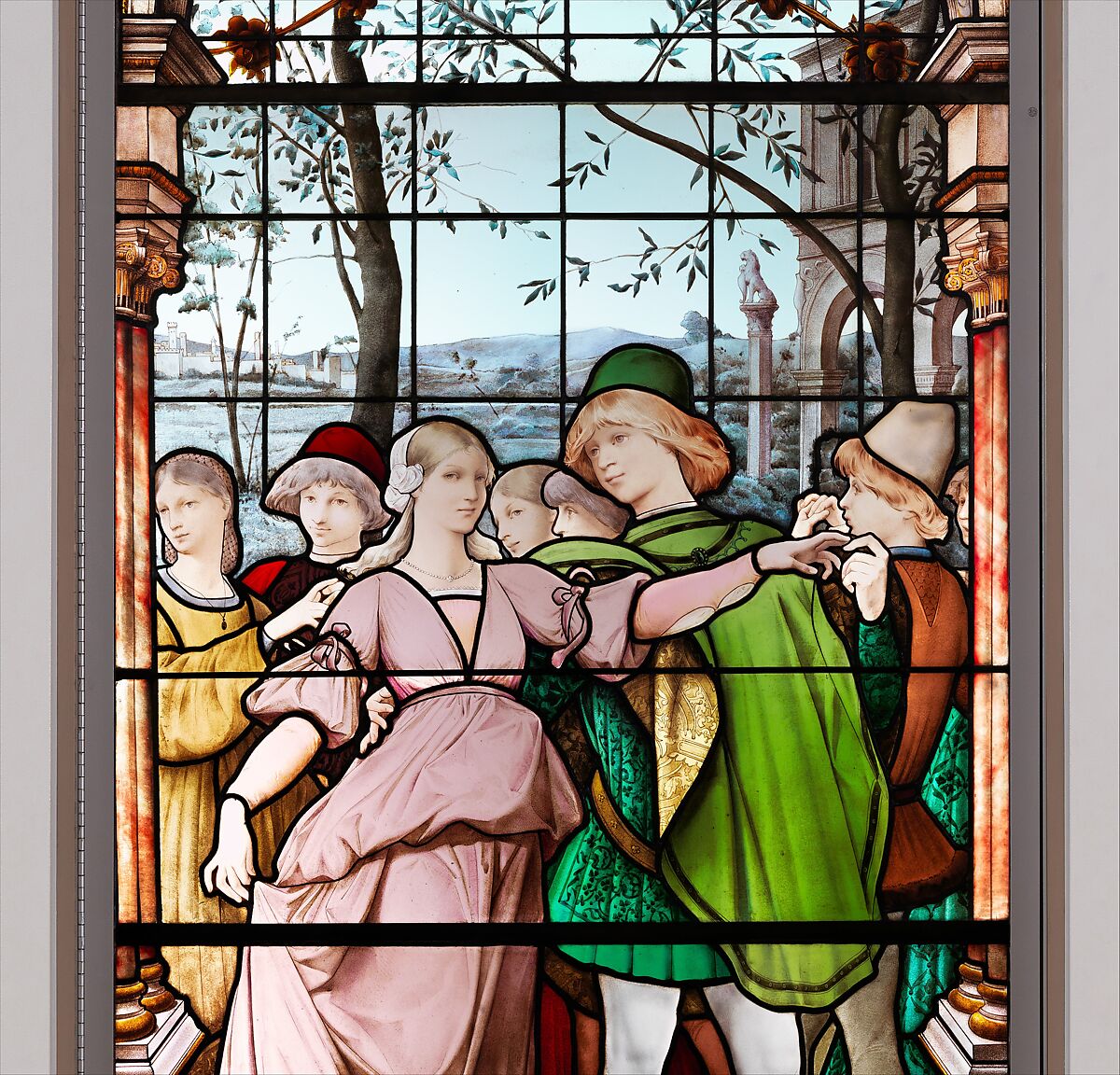 La Danse des Fiançailles, Luc-Olivier Merson (French, Paris 1846–1920 Paris), Stained glass, French, Paris