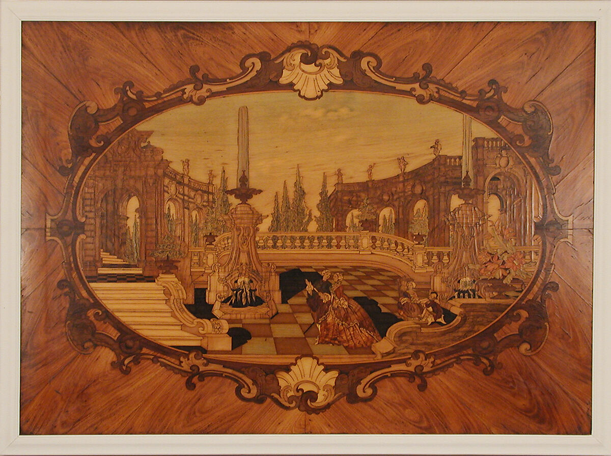 Panel, Scene influenced by designs of Jacques de Lajoüe, Marquetry of tulipwood, walnut, padouk, satin-wood, maple, and other woods, partly stained blue, green, and red, South German, Palatinate 