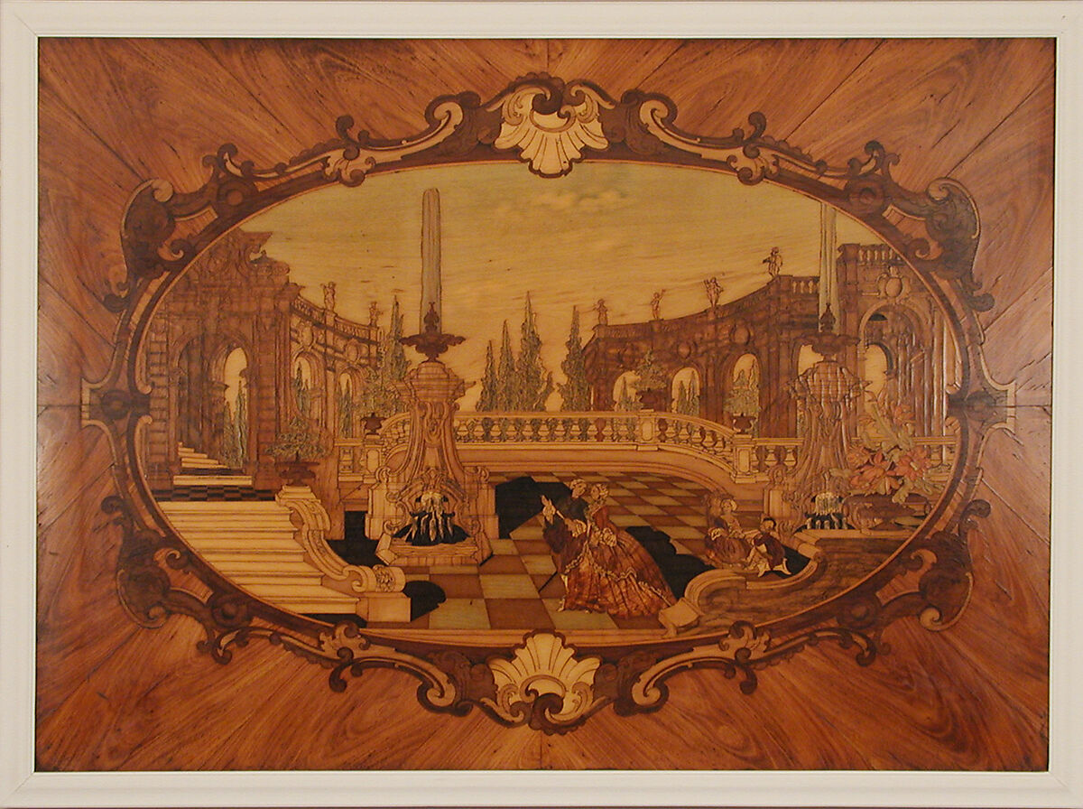 Panel, Scene influenced by designs of Jacques de Lajoüe, Marquetry of tulipwood, walnut, padouk, satin-wood, maple, and other woods, partly stained blue, green, and red, Southern German, Palatinate 