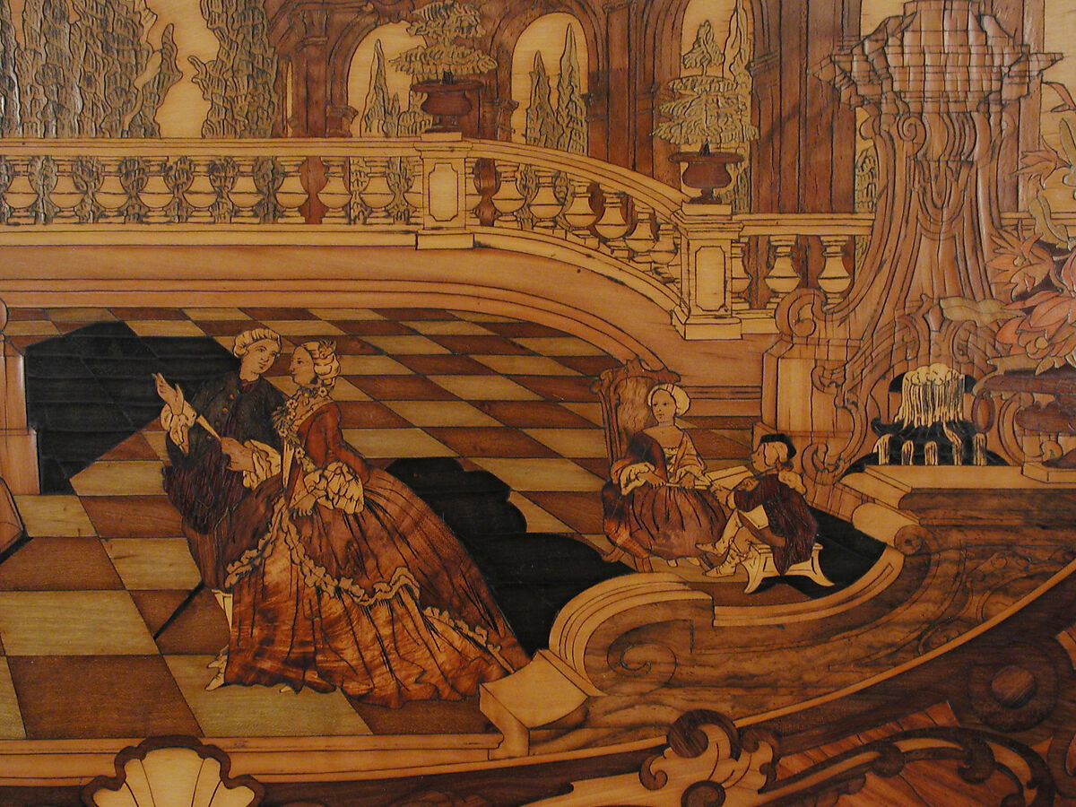 Panel, Scene influenced by designs of Jacques de Lajoüe, Marquetry of tulipwood, walnut, padouk, satin-wood, maple, and other woods, partly stained blue, green, and red, Southern German, Palatinate