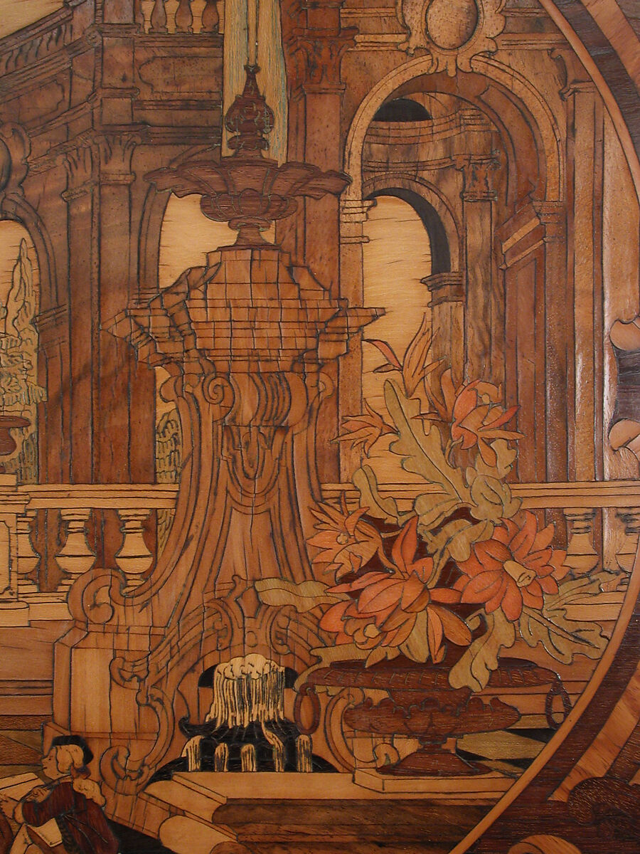 Panel, Scene influenced by designs of Jacques de Lajoüe, Marquetry of tulipwood, walnut, padouk, satin-wood, maple, and other woods, partly stained blue, green, and red, Southern German, Palatinate