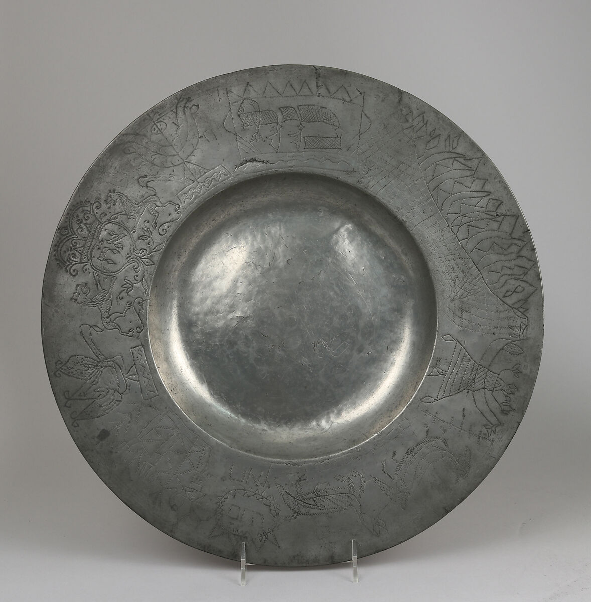 Plate with Hebrew inscriptions, Pewter, German 