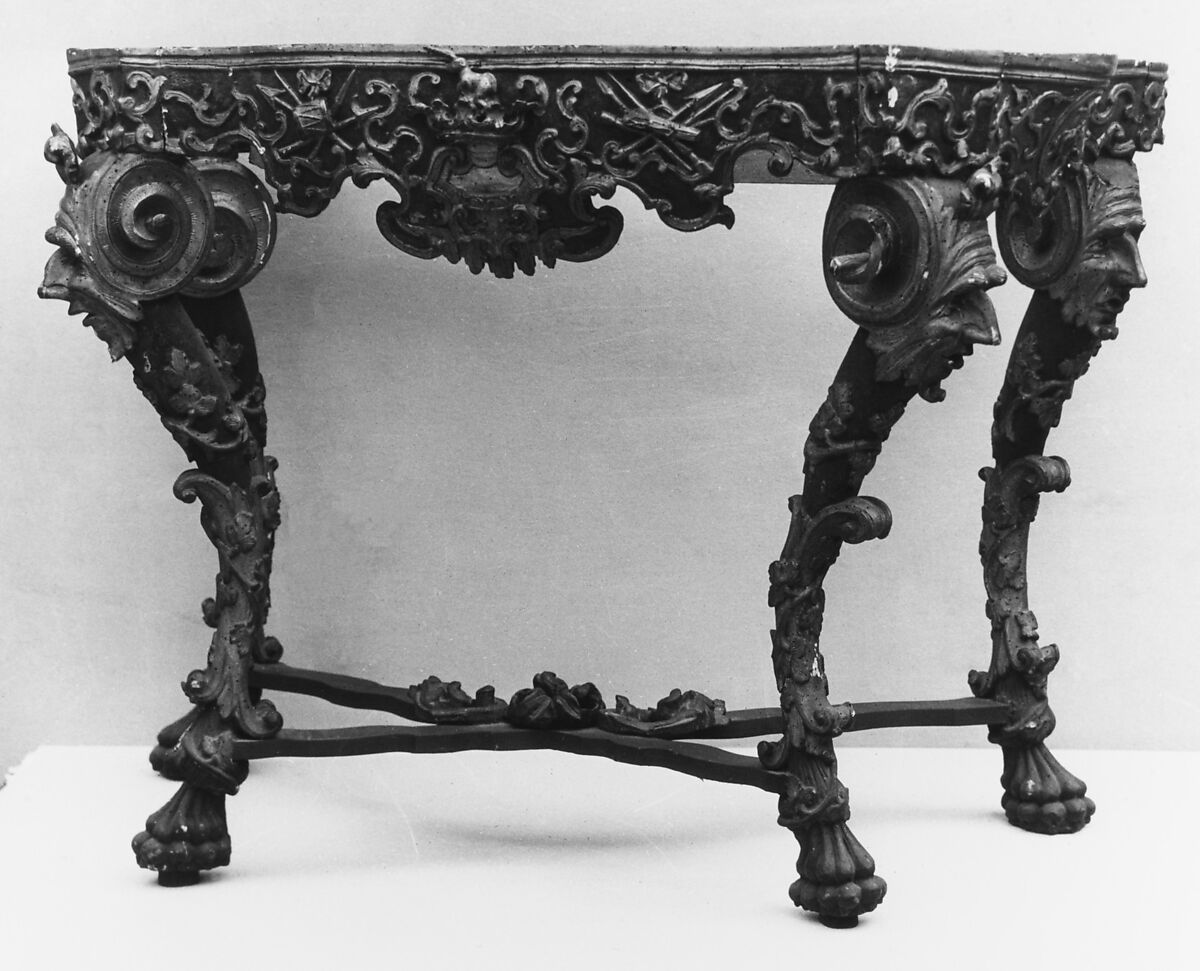 Console table (one of a pair), Wood, partly gilded and painted; marble, Italian, Venice
