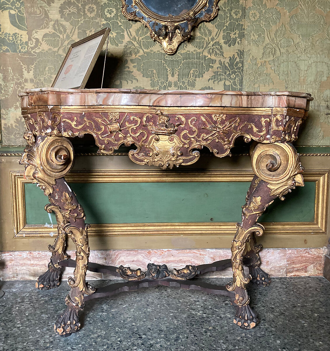 Console table (one of a pair), Wood, partly gilded and painted; marble, Italian, Venice 