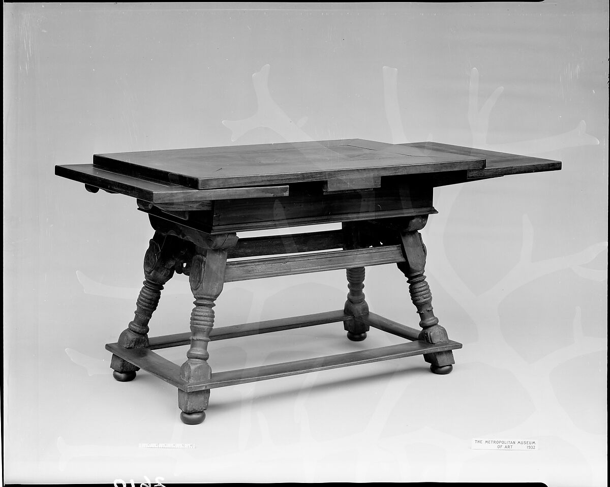 Draw-top table, Walnut and apple with slate top, Swiss 