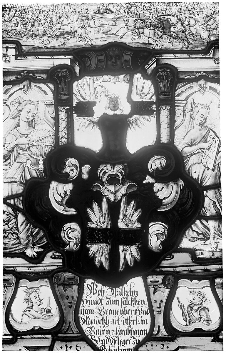 Battle scene and allegorical figures with the armorial of Wilhelm Hundt, Stained glass, German 