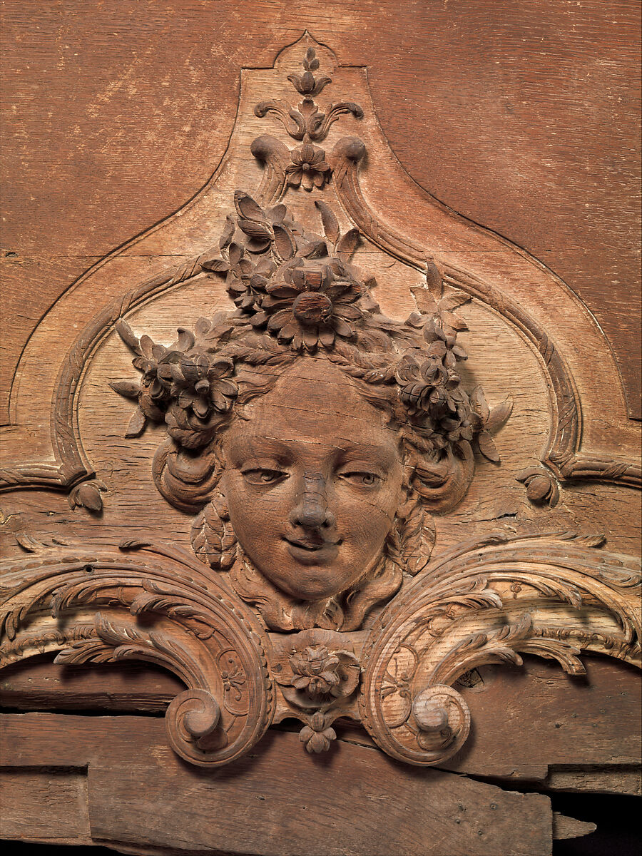 Panel from the top of a mirror frame, Oak, French