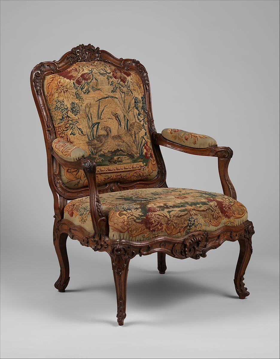 Armchair, Attributed to René Cresson (French, master 1738), Carved walnut, Beauvais tapestry upholstery, French 