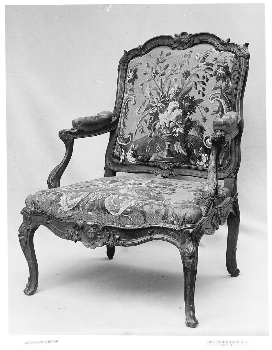 Armchair (Fauteuil), Aubusson (Manufacture Royale, est. 1665: Manufacture, ca. 1812–present day), Carved walnut; Aubusson tapestry upholstery, French 