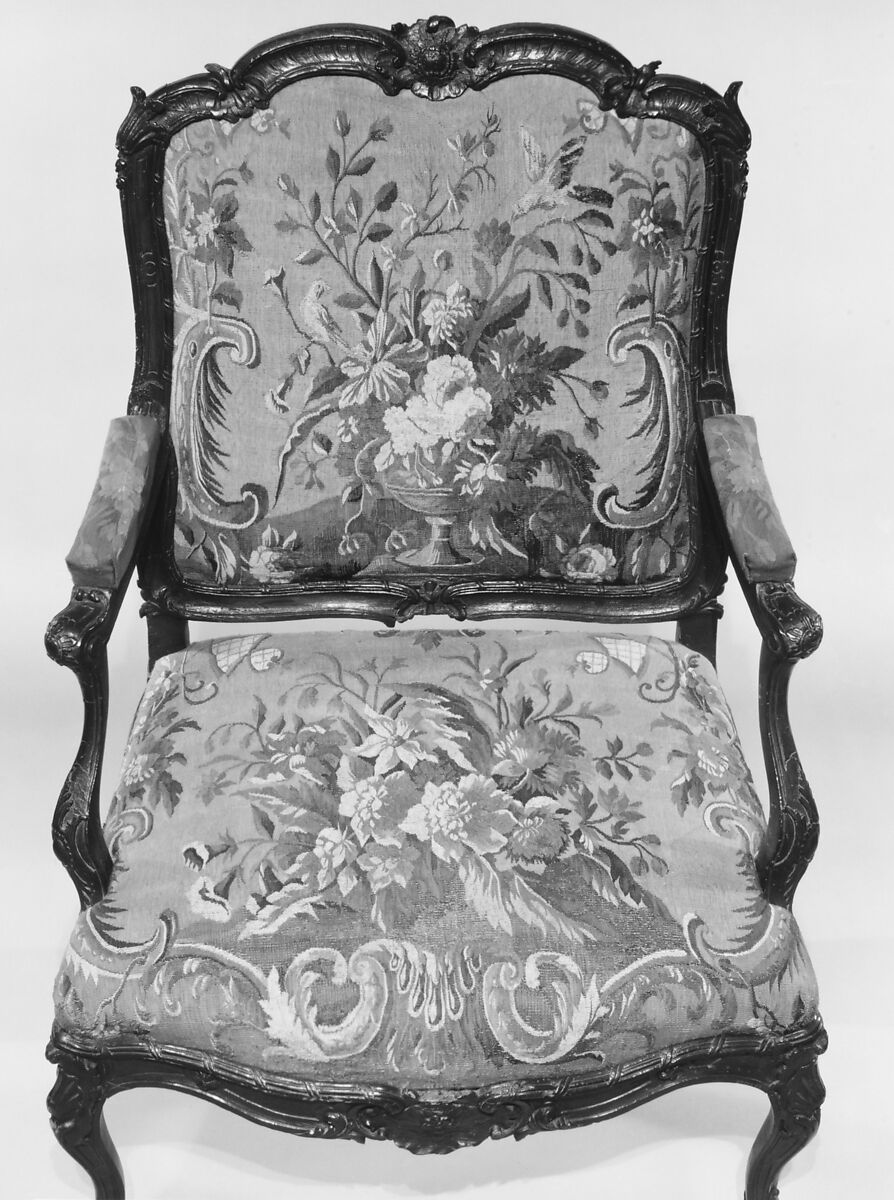 Armchair (Fauteuil), Aubusson (Manufacture Royale, est. 1665: Manufacture, ca. 1812–present day), Carved walnut; Aubusson tapestry upholstery, French