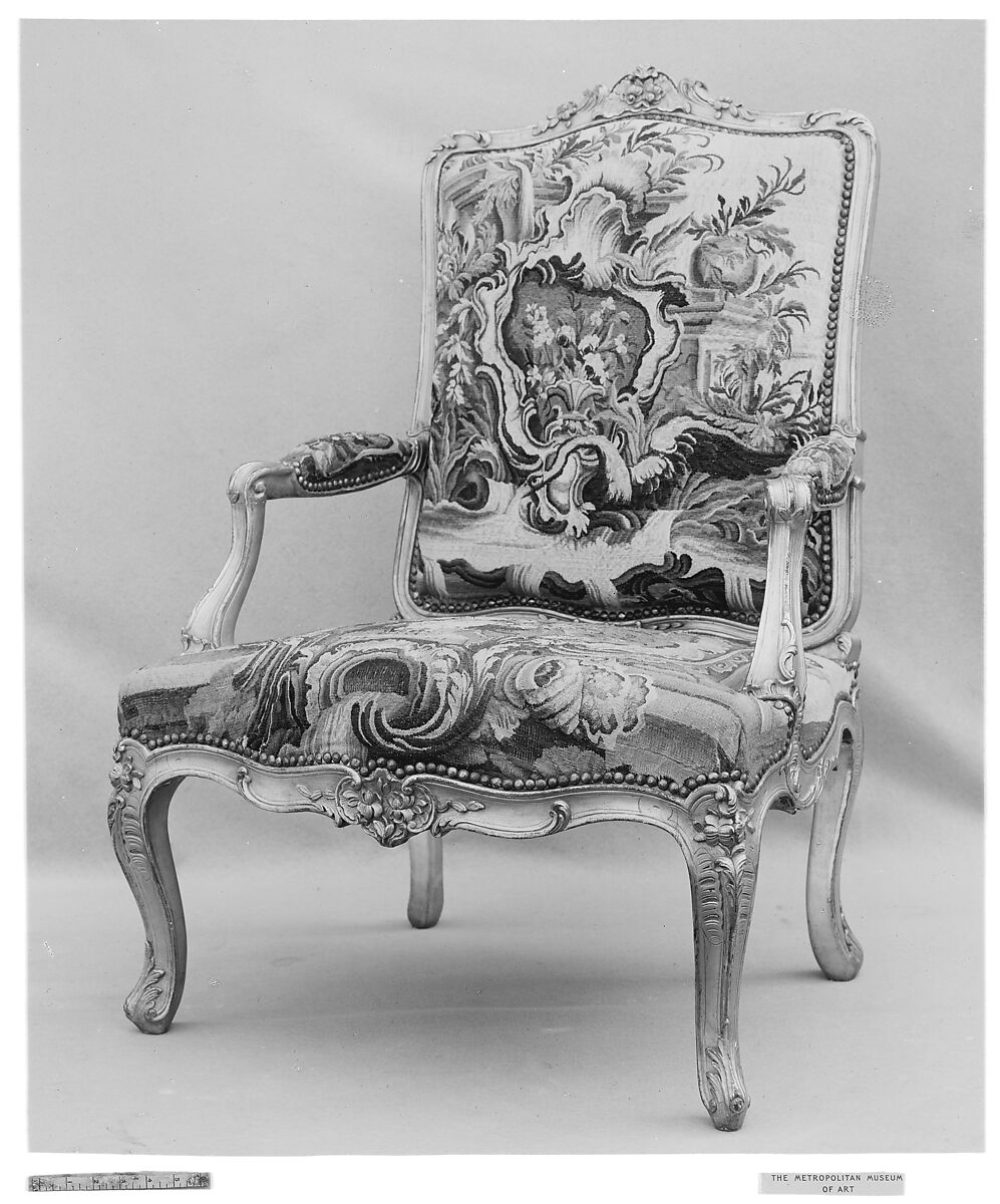 Pair of armchairs, Carved and gilded walnut; red damask upholstery, French