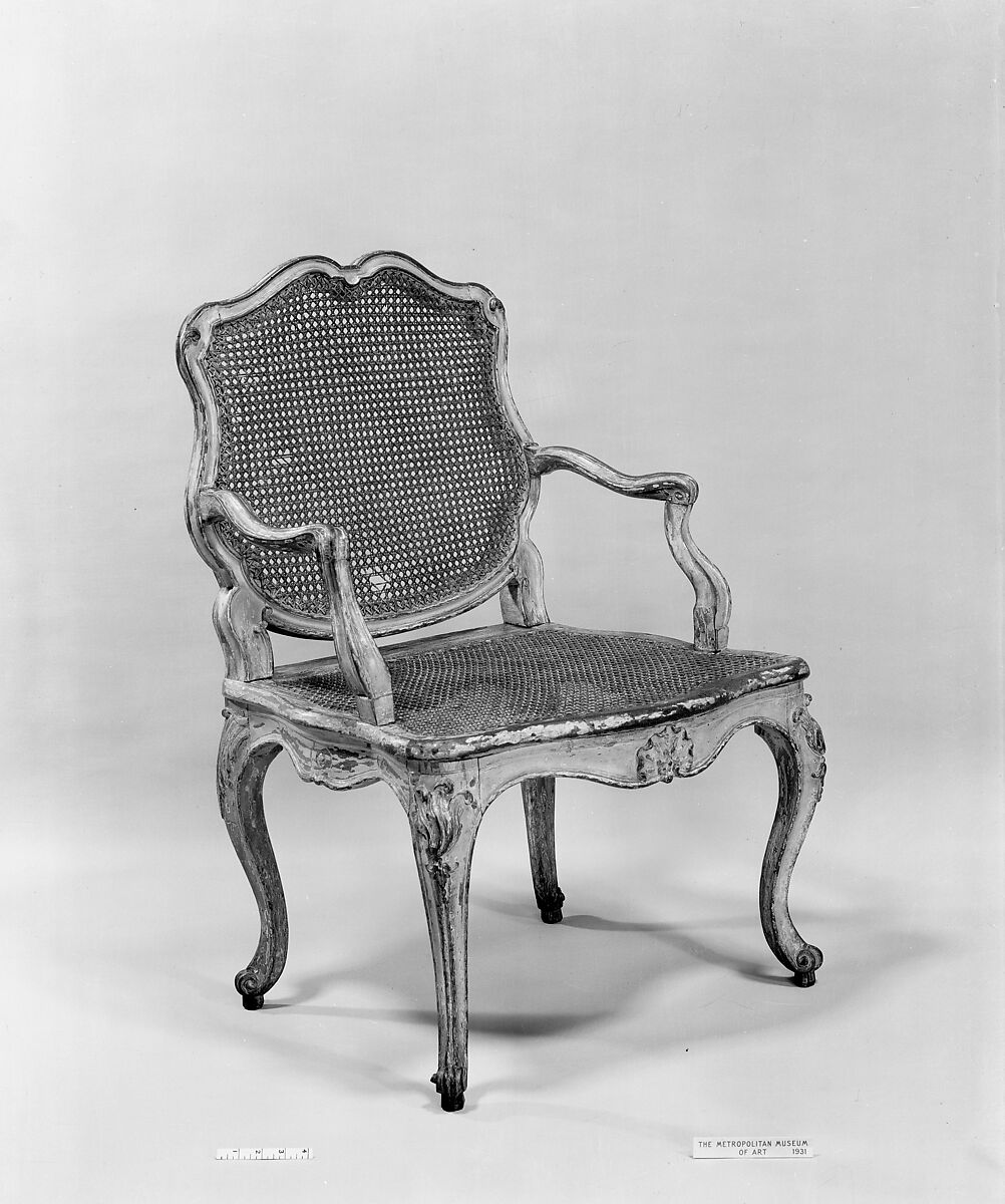 Armchair (fauteuil), Carved and painted walnut, caning, French 