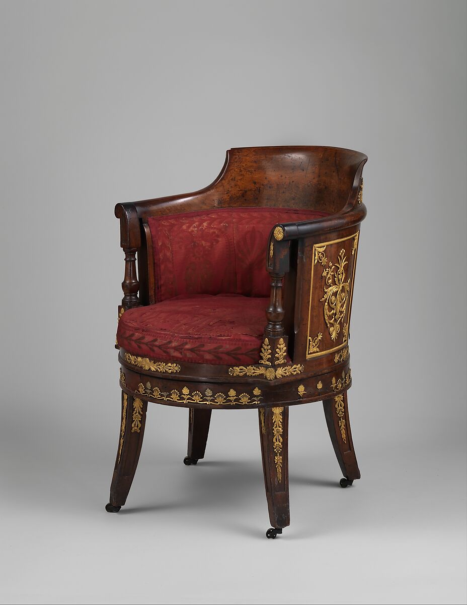 Desk chair (fauteuil de bureau), Mahogany, gilt bronze, contemporary cut voided satin velvet upholstery, French