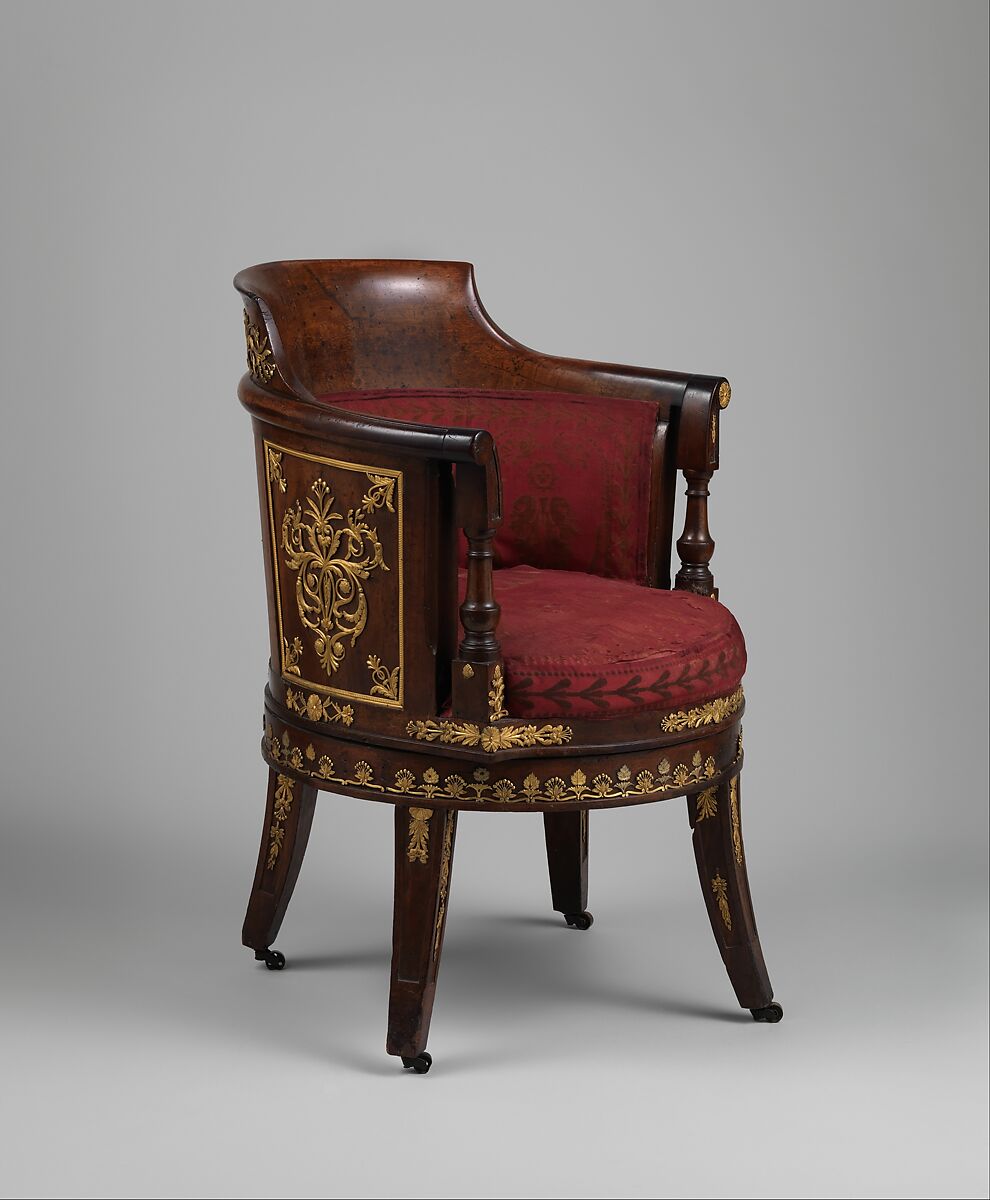Desk chair (fauteuil de bureau), Mahogany, gilt bronze, contemporary cut voided satin velvet upholstery, French 