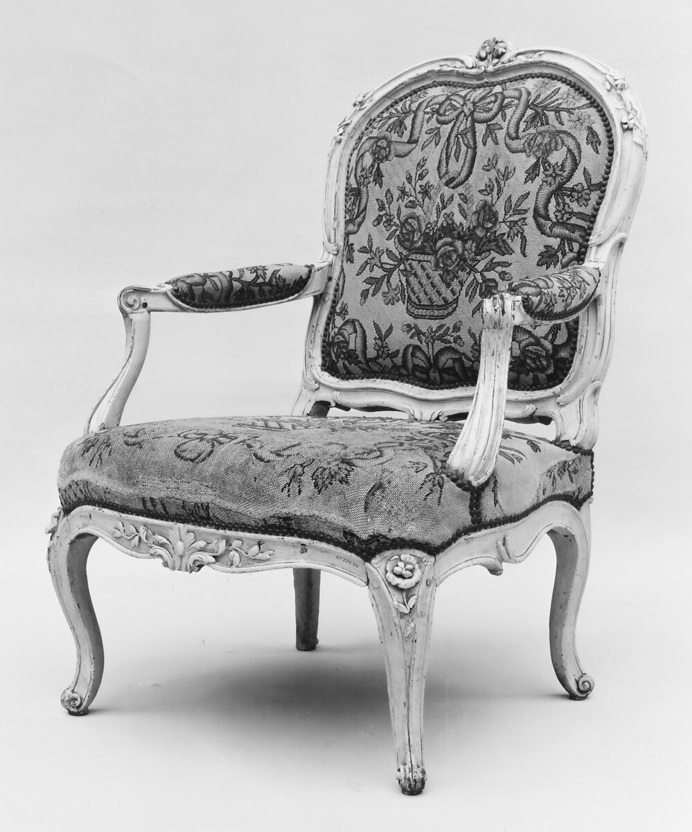 Armchair (fauteuil), Nicolas Heurtaut (French, 1720–1771), Carved and painted walnut; silk needlework upholstery, French, Paris 