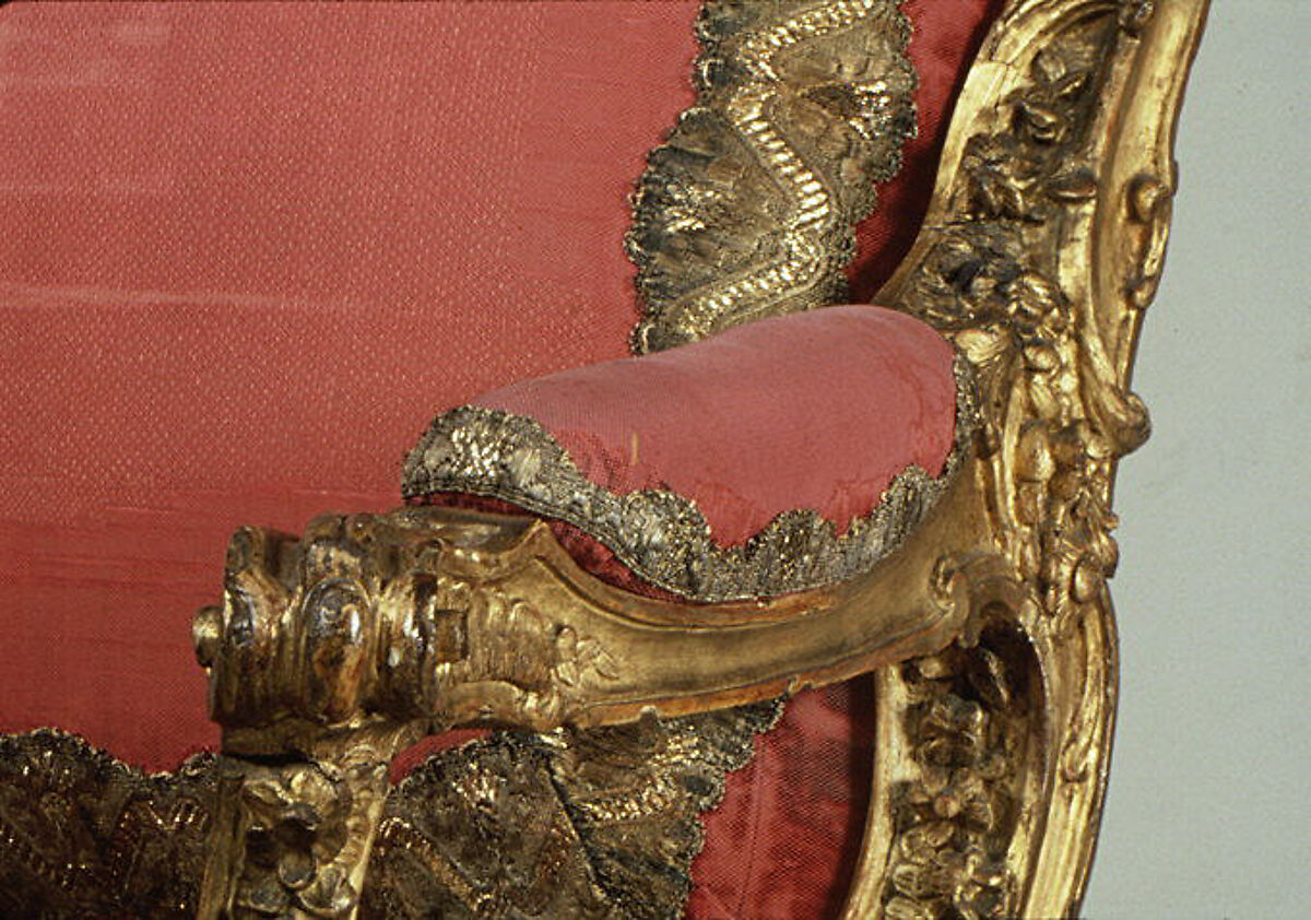 Armchair (Fauteuil à la reine) for Louise-Élisabeth of Parma, Nicolas-Quinibert Foliot (1706–1776, warden 1750/52), Carved and gilded oak; original silk-velvet upholstery and gold trim, French, Paris and Italian, Parma