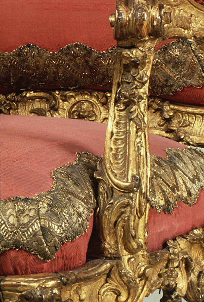Armchair (Fauteuil à la reine) for Louise-Élisabeth of Parma, Nicolas-Quinibert Foliot (1706–1776, warden 1750/52), Carved and gilded oak; original silk-velvet upholstery and gold trim, French, Paris and Italian, Parma