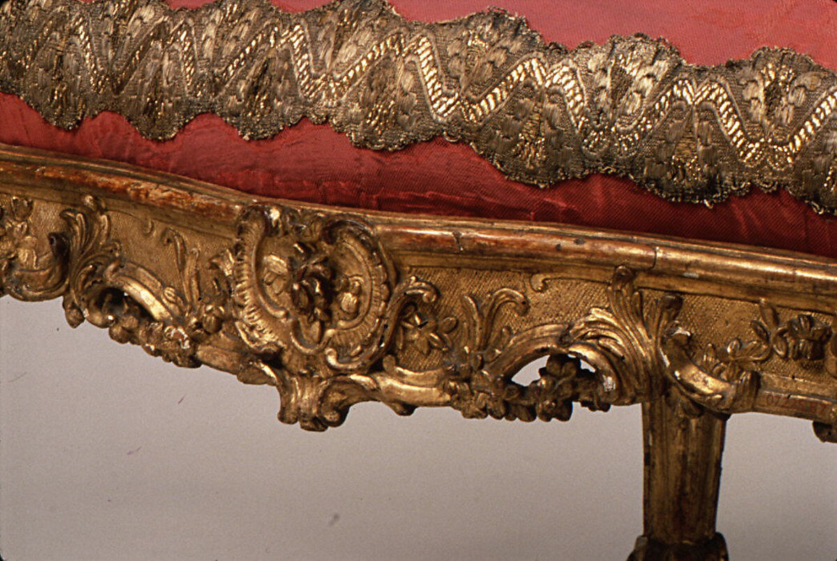 Armchair (Fauteuil à la reine) for Louise-Élisabeth of Parma, Nicolas-Quinibert Foliot (1706–1776, warden 1750/52), Carved and gilded oak; original silk-velvet upholstery and gold trim, French, Paris and Italian, Parma