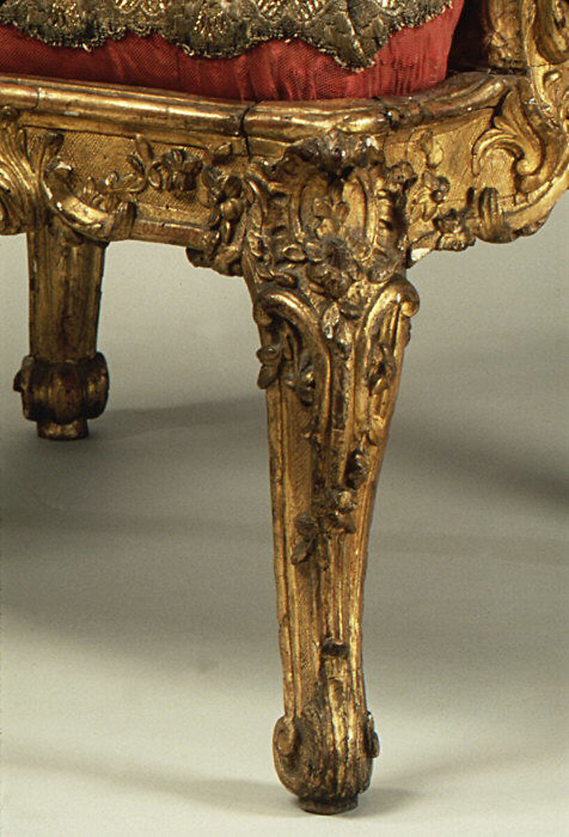 Armchair (Fauteuil à la reine) for Louise-Élisabeth of Parma, Nicolas-Quinibert Foliot (1706–1776, warden 1750/52), Carved and gilded oak; original silk-velvet upholstery and gold trim, French, Paris and Italian, Parma