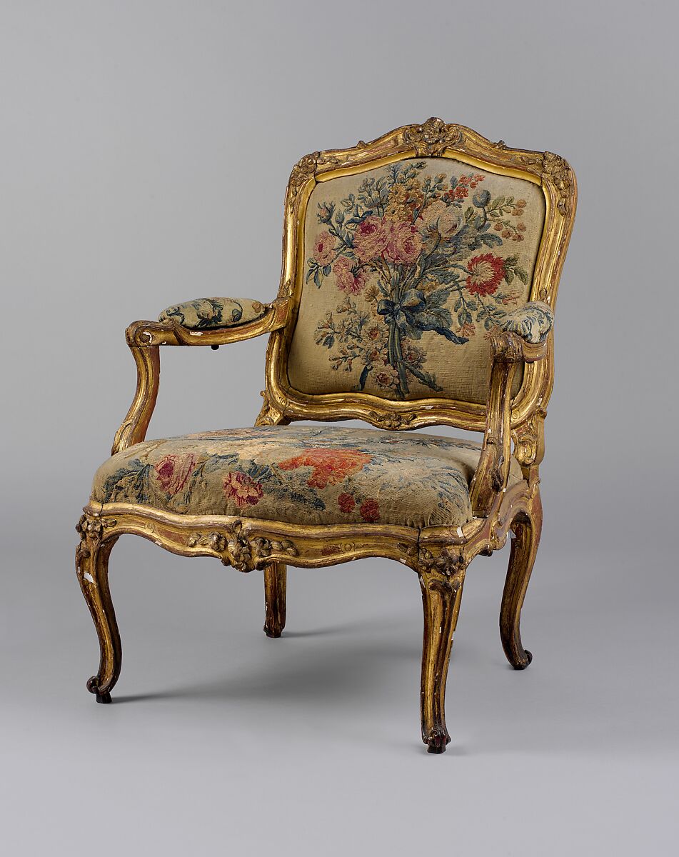 Armchair (fauteuil), Tapestry woven at Beauvais, Carved and gilded beechwood; Beauvais tapestry upholstery, French 