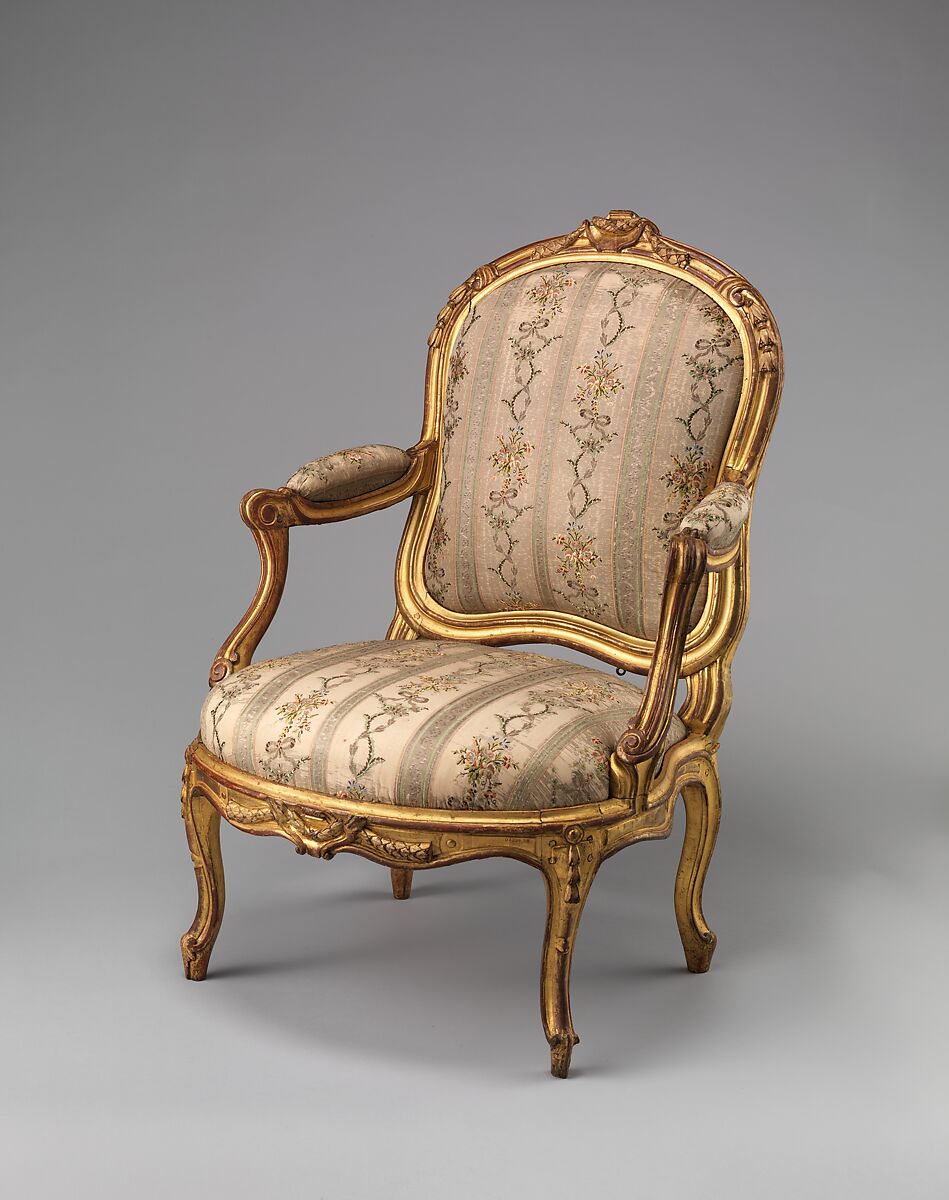 Armchair (fauteuil), Louis Delanois (French, 1731–1792), Carved and gilded walnut; silk brocade upholstery not original to frame, French, Paris 