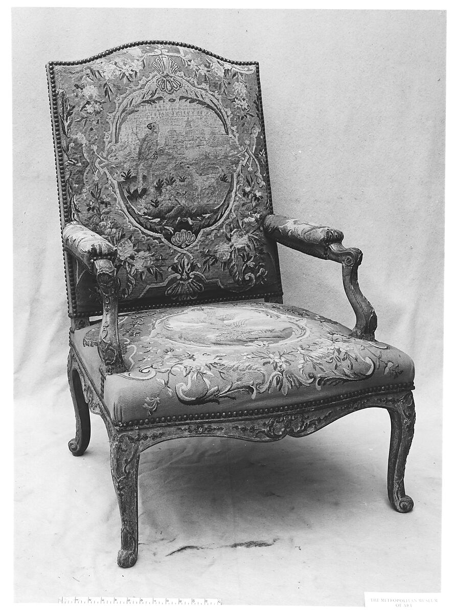 Armchair (fauteuil), Tapestry woven at Aubusson (Manufacture Royale, est. 1665: Manufacture, ca. 1812–present day), Carved walnut, Aubusson tapestry cover, French 