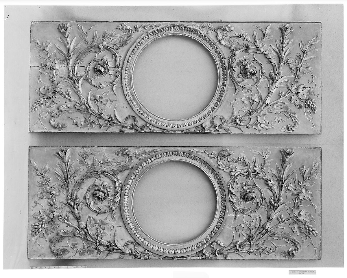 Pair of panels, Wood, carved and gilt on a buff ground, French 