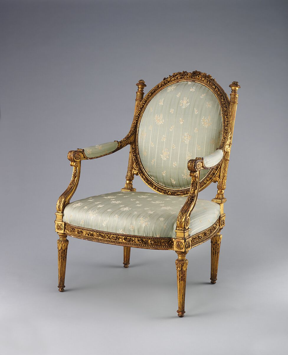 Armchair (Fauteuil à la reine), attributed to Georges Jacob (French, Cheny 1739–1814 Paris), Carved and gilded beech; silk upholstery (not original), French, Paris
