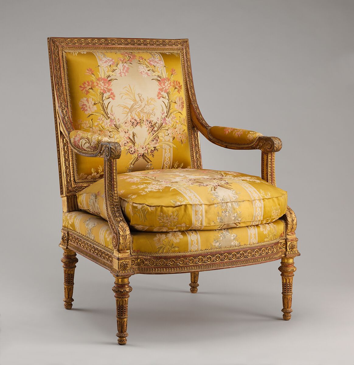 Armchair (fauteuil) from Louis XVI's Salon des Jeux at Saint Cloud, Georges Jacob (French, Cheny 1739–1814 Paris), Carved and gilded walnut; gold brocaded silk (not original), French, Paris 