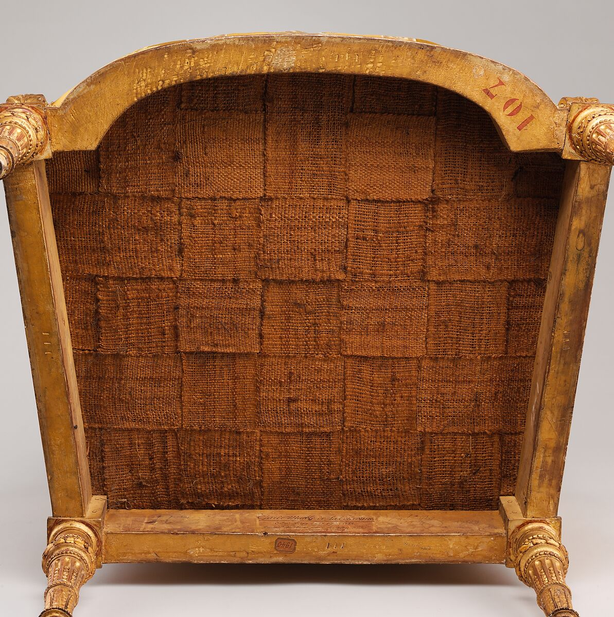 Armchair (fauteuil) from Louis XVI's Salon des Jeux at Saint Cloud, Georges Jacob (French, Cheny 1739–1814 Paris), Carved and gilded walnut; gold brocaded silk (not original), French, Paris