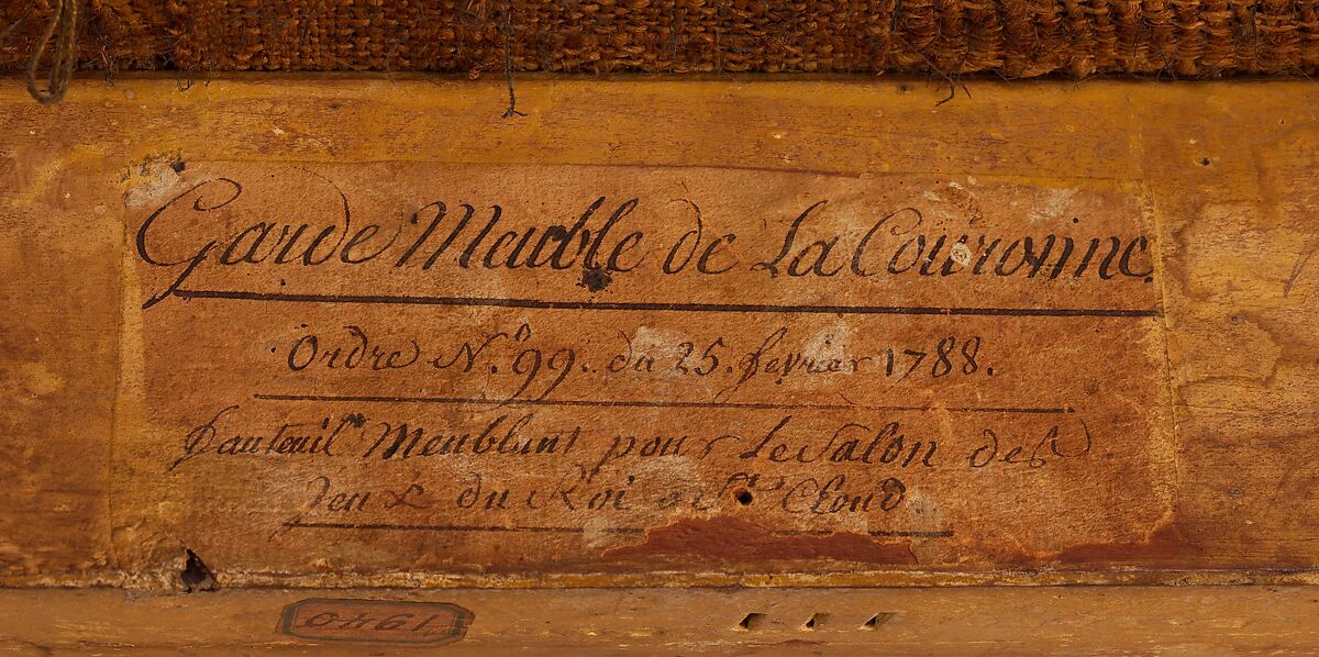 Armchair (fauteuil) from Louis XVI's Salon des Jeux at Saint Cloud, Georges Jacob (French, Cheny 1739–1814 Paris), Carved and gilded walnut; gold brocaded silk (not original), French, Paris