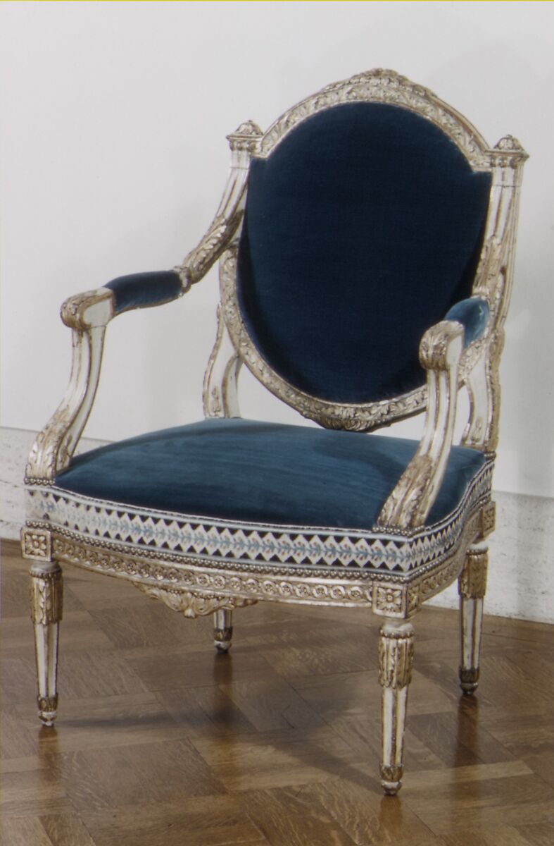 Armchair (one of a pair), Carved, painted and gilded beech, French 