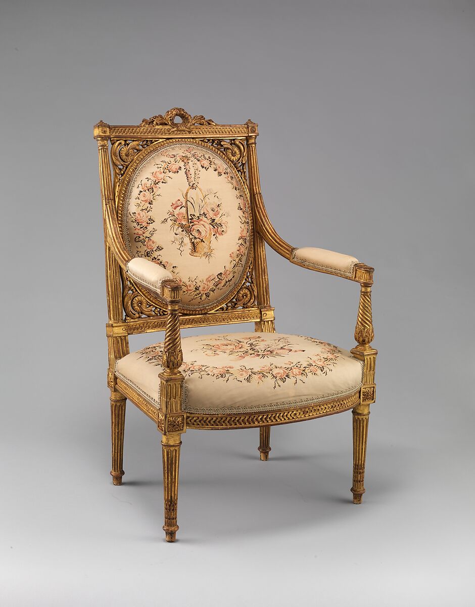 Armchair (Fauteuil), Carved and gilded beechwood; floral silk cannetille upholstery not original to the frame, French 