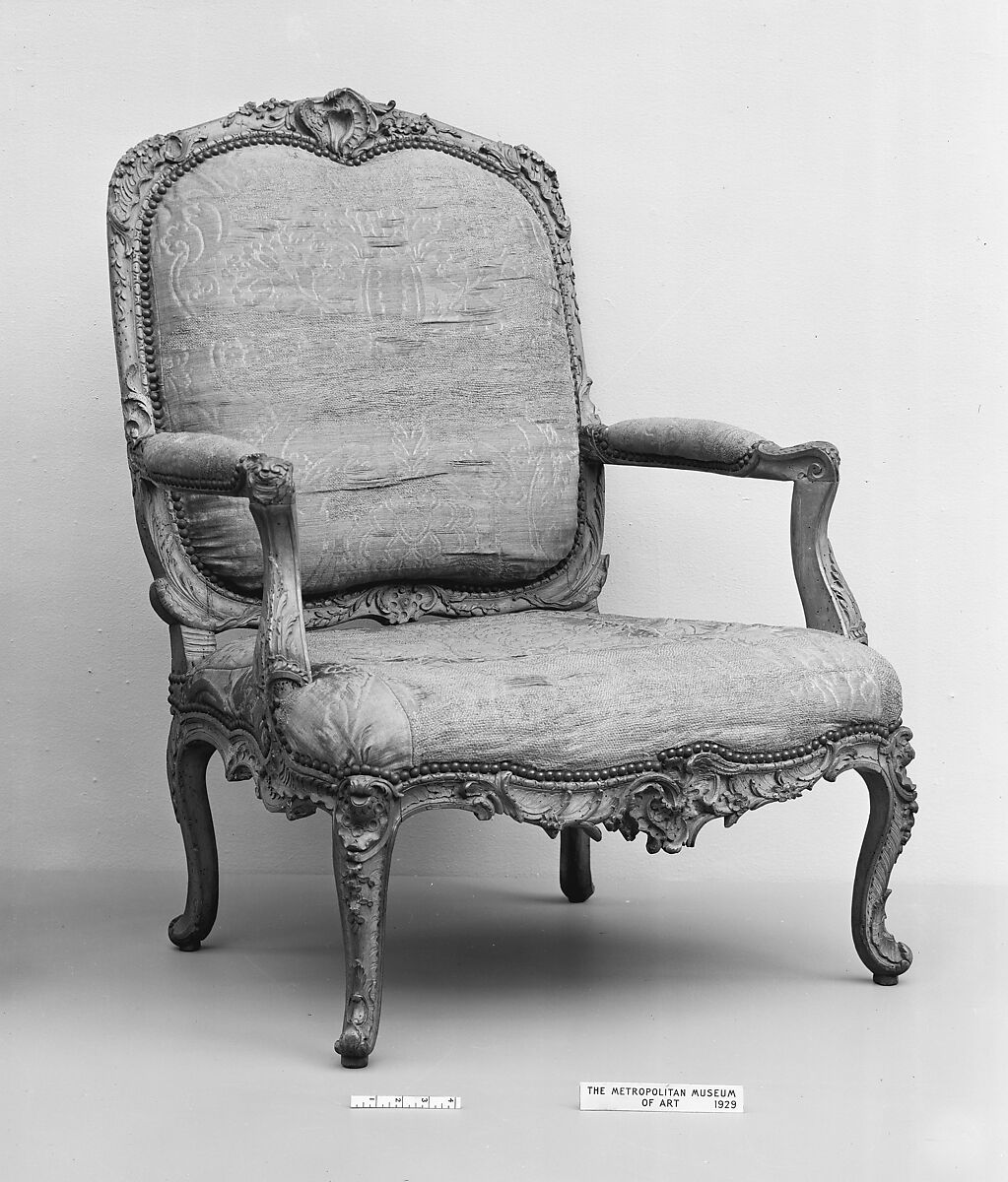 Armchair, Carved walnut; brocatelle upholstery, French 