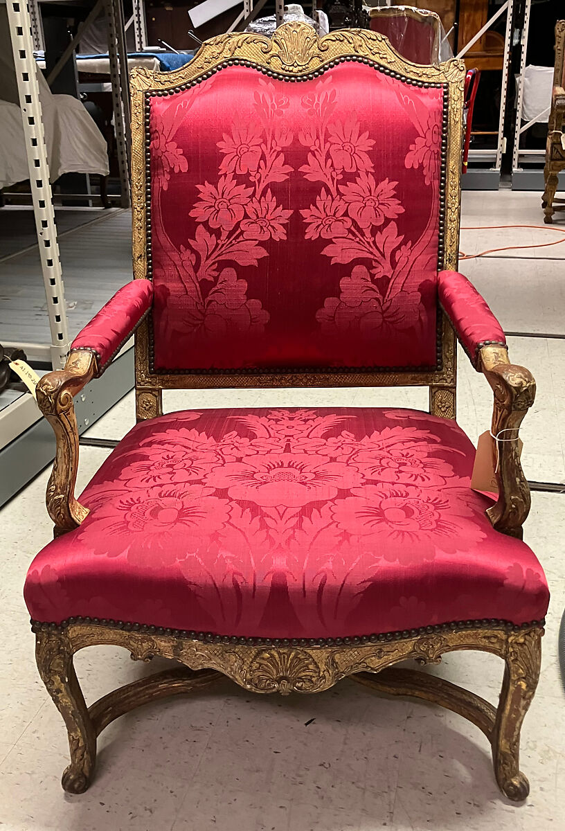 Armchair, Carved and gilded beechwood; red damask (not original to the frame), French 