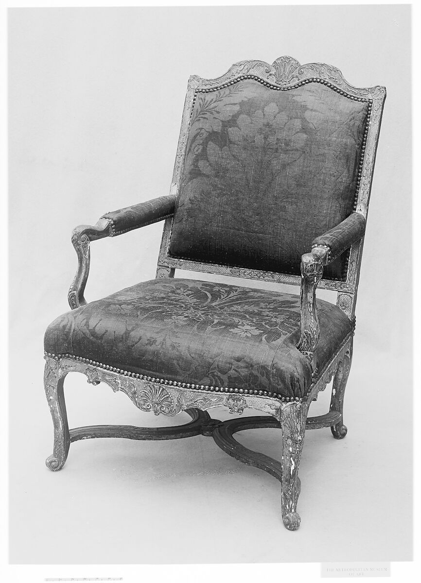 Armchair, Carved and gilded beechwood; red damask (not original to the frame), French 